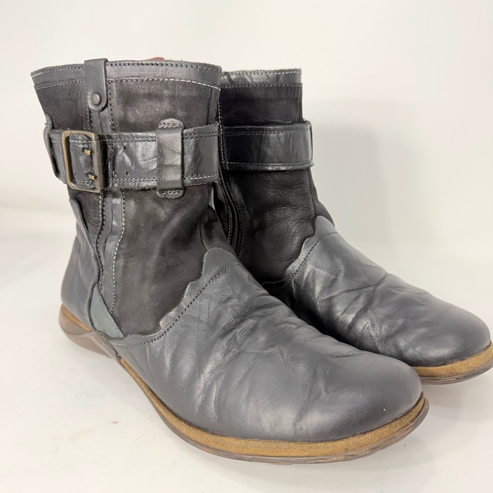 Romika Black Leather Moto Ankle Boots Buckle Strap Size 9.5 Round Toe Side Zip